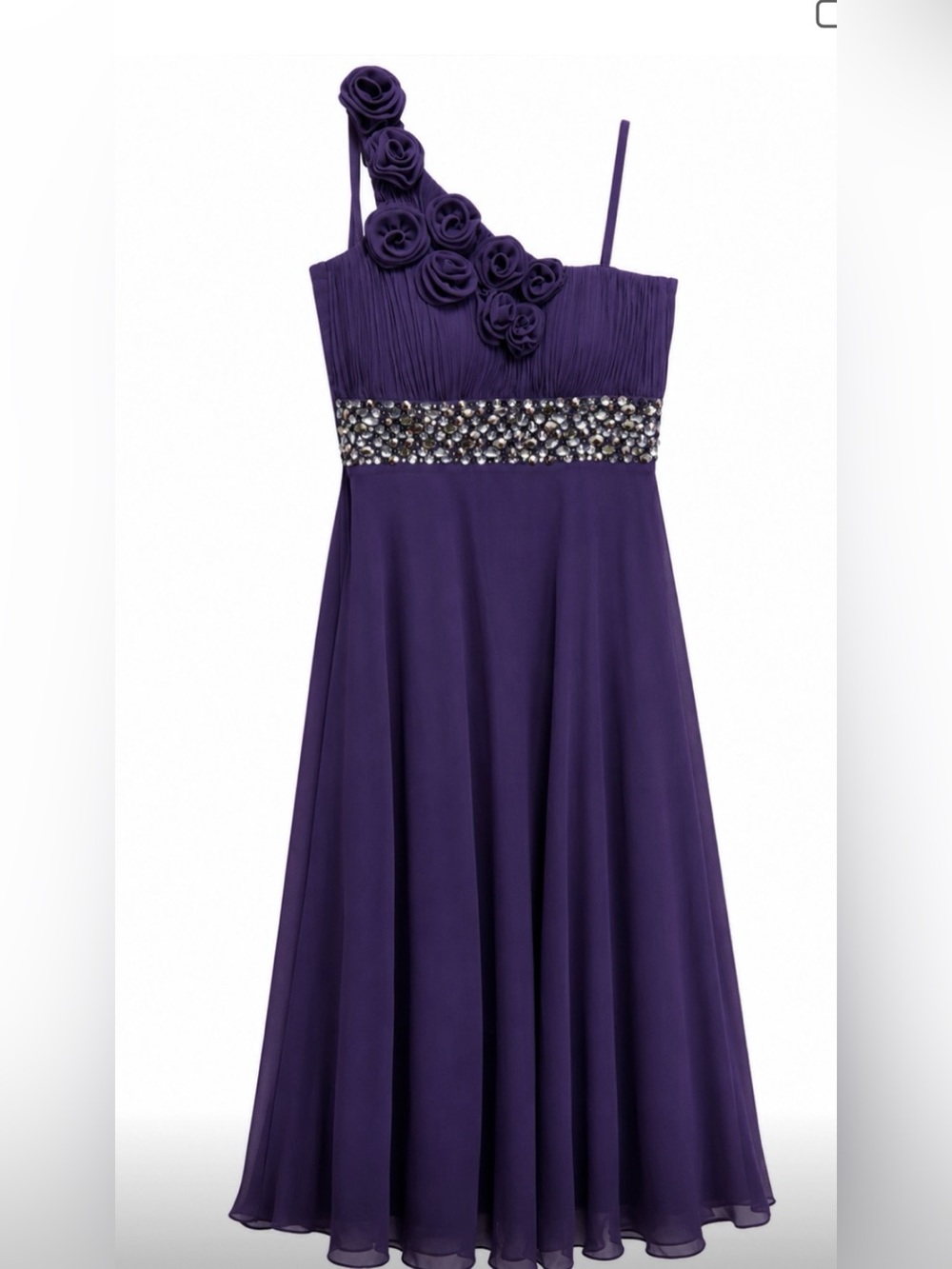 Purple One-Shoulder Flower Accent Dress with Jeweled Waist